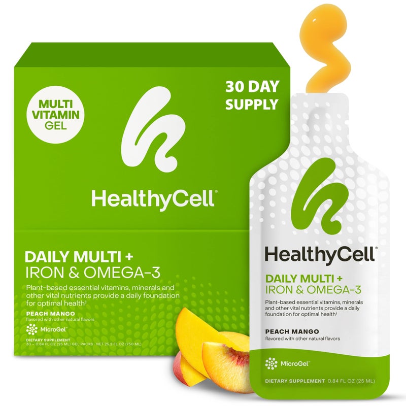 Healthycell Vegan Daily Multivitamin Liquid Supplement with Iron and Omega3 25 Essential Vitamins Minerals Nutrients for Brain Heart Health Immune Support Energy 30 Gel Packs